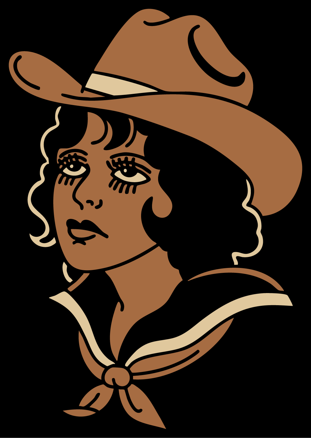 Tattoo-flash illustration of a cowgirl in a wide-brim hat, Design Cypher artwork
