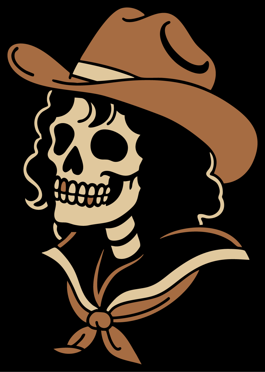Tattoo-flash illustration of a skeleton cowboy in a hat and bandana, Design Cypher artwork